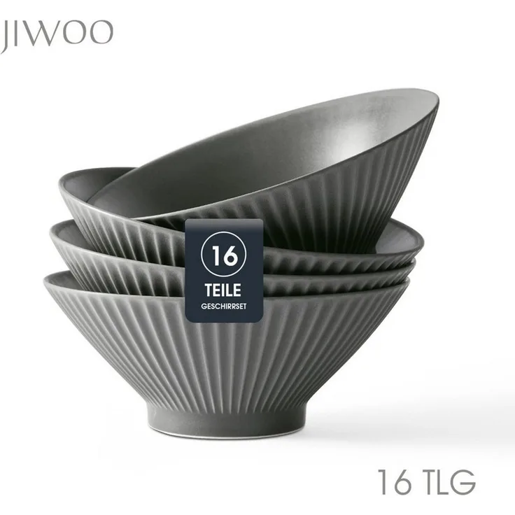 JIWOO Schüssel 4er Ø20cm, Japanische Ramenschüssel Suppenschüssel bowl Pastaschüssel, Keramik, (Set, 16-tlg), Hochwertiges Schüsseln Schwarz Schüssel Mikrowellenofen Spülmaschine