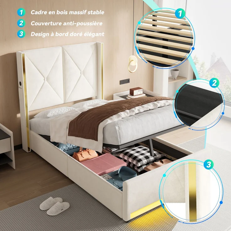 TavilaEcon Boxspringbett Veloursbett mit hohem Kopfteil, Seitentaschen & USB beige Liegefläche 90 × 200 cm – Bild 6