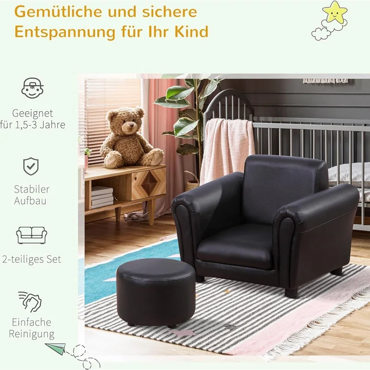 HOMCOM Kindersessel mit Fußhocker Kindercouch Kindersofa Minisofa für 1,5-3 Jahre Kinder Kindermöbel Holz Schwarz 54 x 42 x 41 cm – Bild 6