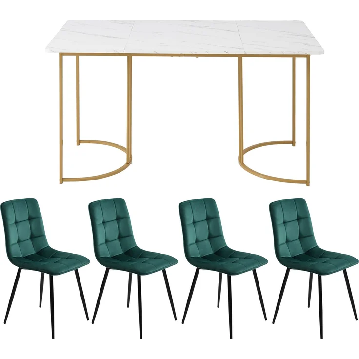 Merax Essgruppe (5-tlg), Esstisch mit 4 Stühlen Set, Moderner Küchentisch Set , 140×80cm Küchentisch mit Golden Metallbeinen, MDF Tischplatte in Weißer, Dunkelgrün Samt Esszimmerstühle – Bild 10