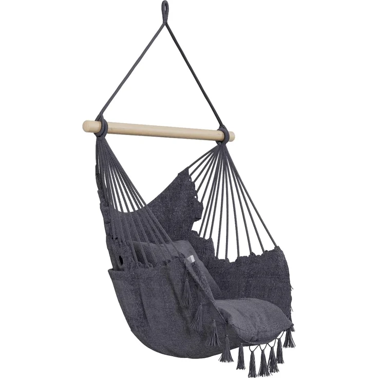 QLS Hängesessel 130x100 cm mit 2 Kissen bis 200 kg Graphit, Hängestuhl Boho-Stil 130 x 100 cm – Bild 4