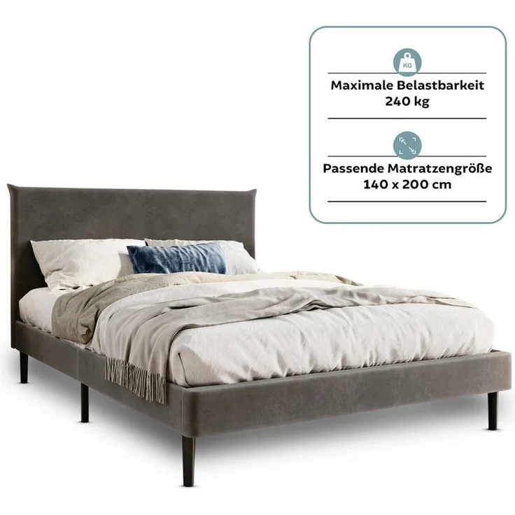 Home Collective Polsterbett 140x200 und 160x200 cm mit Lattenrost und weichem Bezug, Bettgestell (Doppelbett mit gepolstertem Kopfteil, robustes Gestell, hoher Liegekomfort), 140x200 cm, Grau, Samtbezug – Bild 3