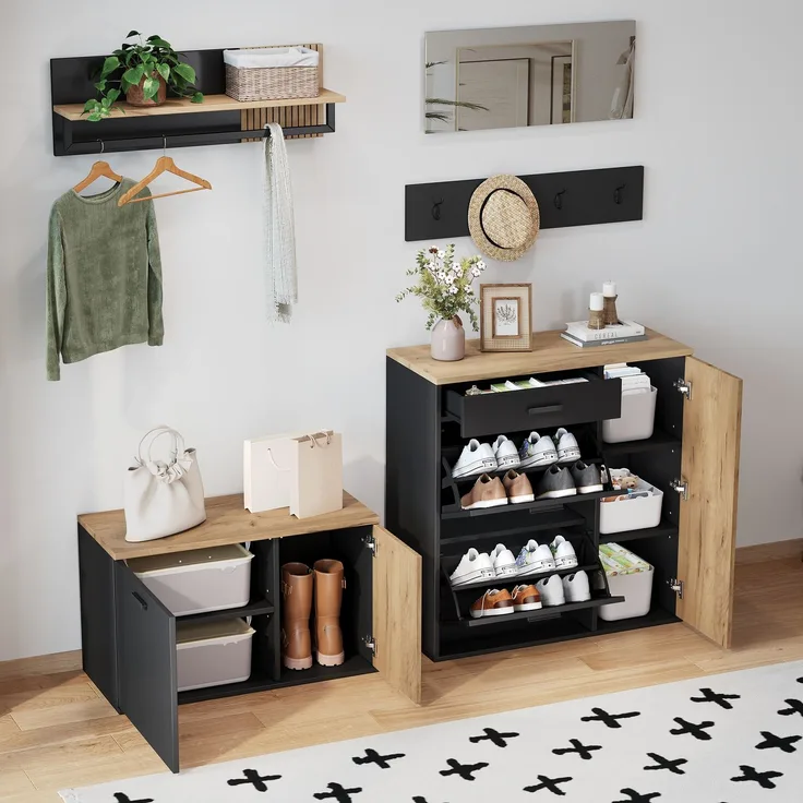 Garderoben-Set, Schrank, Kommode, Spiegel, 2 Schuhschrank, ohne Dekoration, Garderobenpaneel mit Spiegel, Hutablage und 4 Haken,Schuhschrank mit Schuhbank, Flur mit Stauraumtrennwand--Natürlich--96.77x43.82x20.5cm--YOUDENOVA
