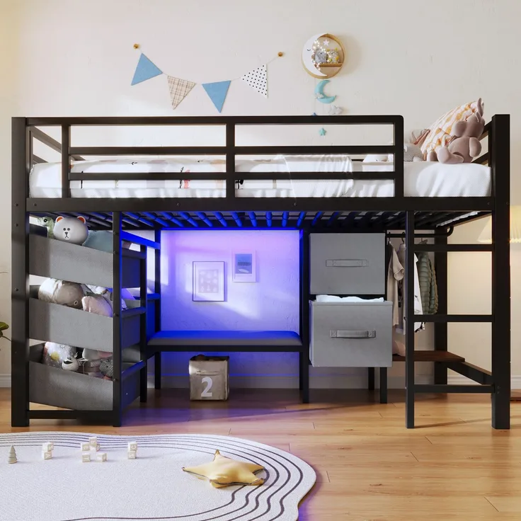Kinderbett Halbhohes Bett 90x200 cm aus Metall mit LED-Beleuchtung, Sitzkissen, Stauraumschublade und Aufhängebereich