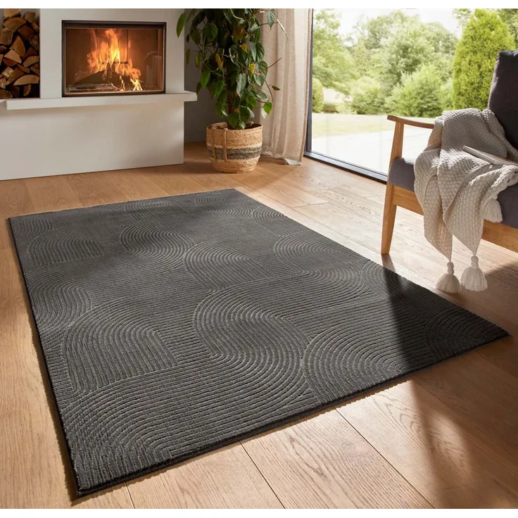 TaraCarpet Teppich TaraCarpet Homestyle 390 Wellen, rechteckig, Höhe: 10 mm, Felloptik hoch-tief waschbar Welle anthrazit 50x80