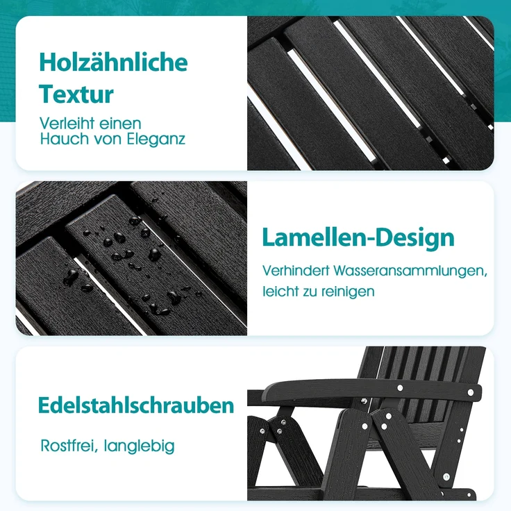 Gartenstuhl klappbar Hochlehner Klappstuhl aus Kunststoff wetterfester Balkonstuhl in Holzoptik Terrassenstuhl bis 150 kg belastbar Schwarz – Bild 4