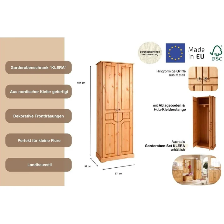 Home affaire Garderobenschrank Klera Breite 67 cm, aus massiver Kiefer, FSC®-zertifiziert – Bild 3