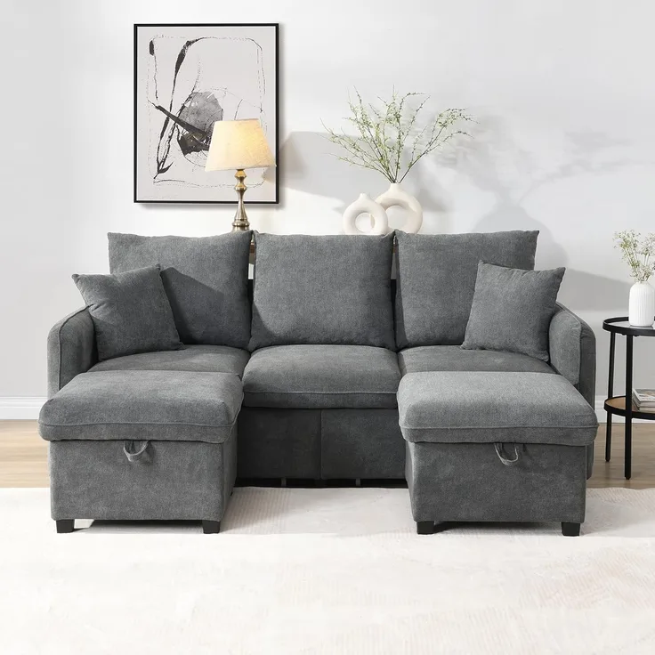 Ball & Cast U-förmiges Couch mit Schlaffunktion, 3-Sitzer Sofa mit 2 Staufußhocker aus Chenille-Bezug für das Wohnzimmer Wohnung Villa, 188 x 86 x 186 (BxHxT), Dunkelgrau