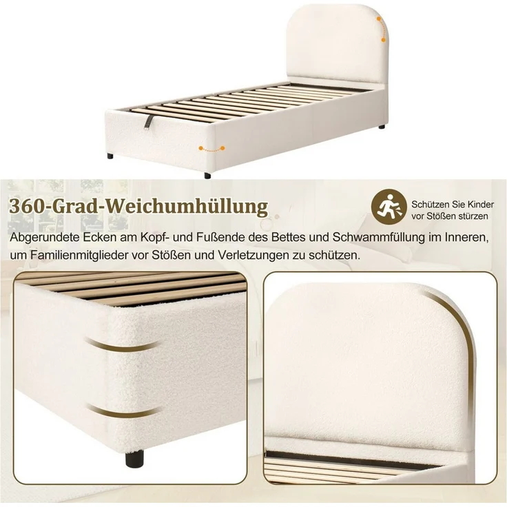 MODFU Polsterbett 90x200 cm mit Stauraum aus Bouclé, Beige (Packung, 1-tlg, Mit Lattenrost & Kopfteil, großem Stauraum, hydraulisch), Gepolstertes Kopfteil, ideal als Kinder- & Einzelbett(ohne Matratze) – Bild 4