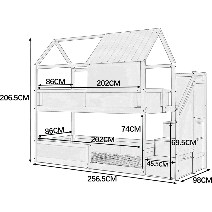 Etagenbett 80×200 cm mit Rausfallschutz und Treppe, Massivholz, Weiß, ohne Matratze – Bild 7
