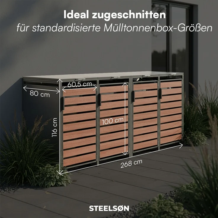 STEELSØN 'Kestra' Mülltonnenbox 4er je 240 Liter, graphitschwarz mit Nußbaum-Holzoptik, Mülltonnenverkleidung aus Stahl, wetterfest, 116x80x268 cm, Müllbox für 4 Tonnen – Bild 5
