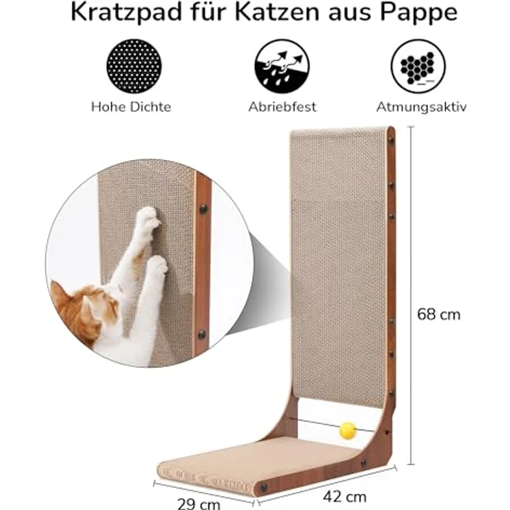 FUKUMARU Kratzbrett Katzen 2er Set, 68 cm hoch L-förmige Kratzpappe aus vertikalem Karton, widerstandsfähig Katzenkratzbrett mit Ballspielzeug, Farbe Nussbaum – Bild 7