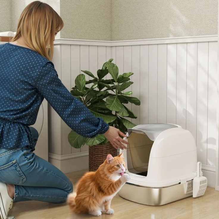 Katzenklo Edelstahl mit Deckel, Katzentoilette mit Wanne, Streuschaufel, für Katze unter 5 kg, 52,4 x 41,3 x 42 cm, Weiß--Weiß--52.4x41.3x42cm--YOUDENOVA – Bild 2