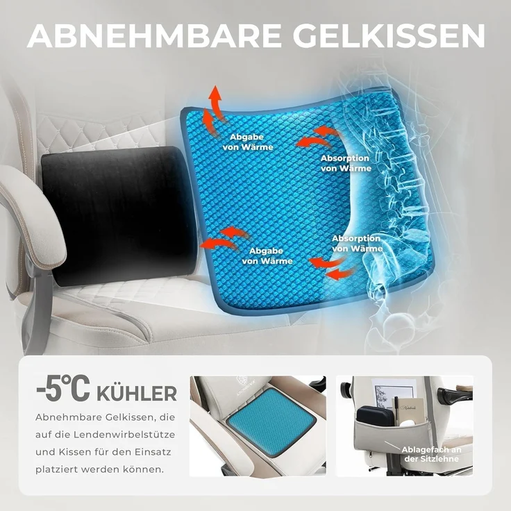 Dowinx Gaming Stuhl Stoff Massage Sessel Fußstütze Beige 150 kg ergonomisch – Bild 7