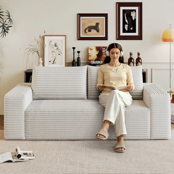 EINHOM 180 cm, Bequemes Corduroy-Sofa, Mit tiefer SitzflächeLoveseat-Kleinsofa, Boneless Modular Sofa, Schwamm, Keine Montage erforderlich, Kompressions sofas for Wohnzimmer, Schlafzimmer, Wohnung, Creamy White – Bild 3