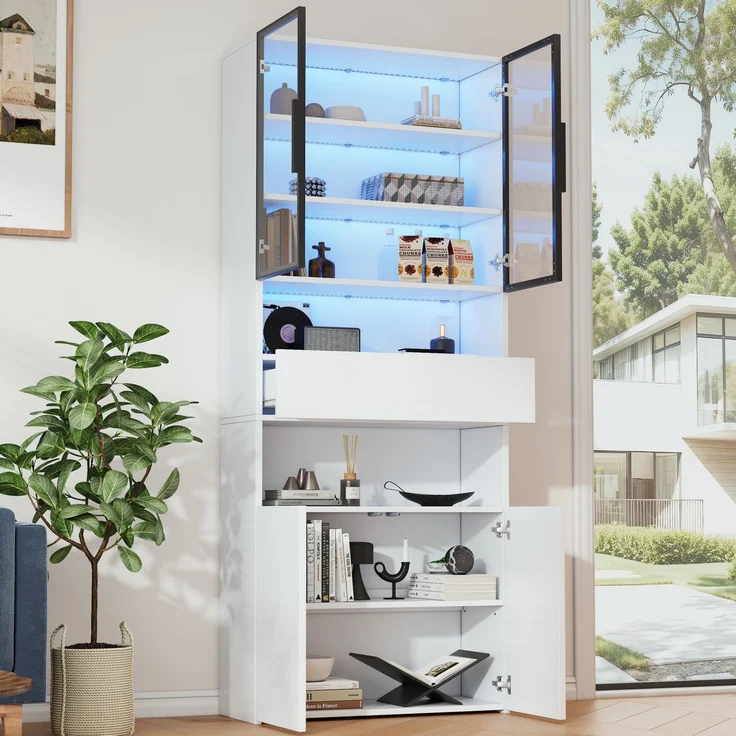 DESVIAE Vitrine mit LED-Beleuchtung und Glastüren 70x200x30 cm Spanplatte Weiß – Bild 3