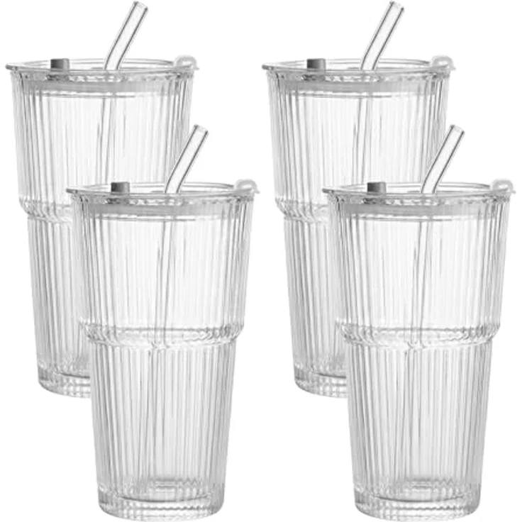 mixed24 Gläser-Set 4er Set Geriffelte Gläser 550ml mit Deckel inkl. Glashalm, ideal für Iced Matcha Latte, Latte Macchiato, Cocktails, Smoothies – Bild 3
