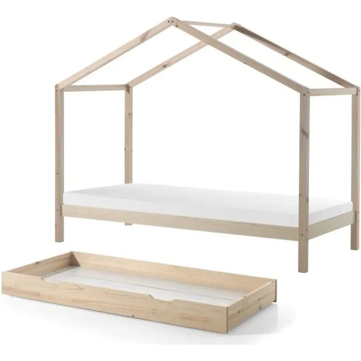 Hausbett mit Textilhimmel Kapua 210x97x170 Massivholz Natur