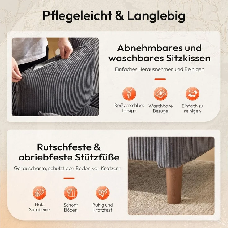 VINGLI Sofa klein 2-Sitzer, 125cm Couch aus Cord, stabiler Konstruktion, vielseitig für Wohnzimmer/Wohnung/Büro – Bild 4
