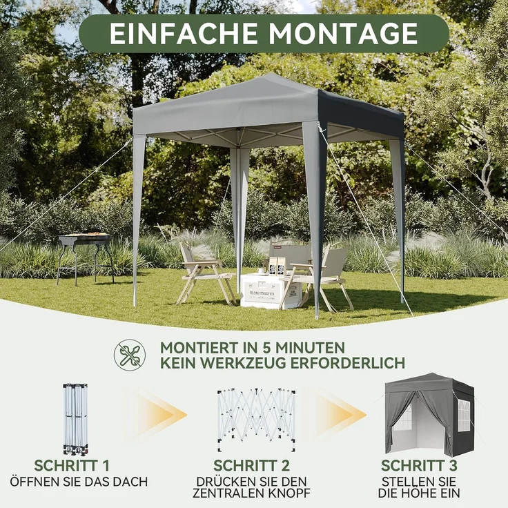 Aoxun Pop Up Pavillon 2x2m Wasserdicht mit 4 Seitenwänden, Metallrahmen-Schutzzelt, Höhe Verstellbar, Faltpavillon 2x2 mit Tragetasche für Camping Party, Grau – Bild 7