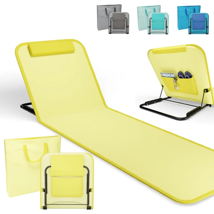 Onbest Bequeme Strandliege 165 cm lang - mit Verstellbarer Rückenlehne und Liegekissen – praktisches Staufach – Strandmatte klappbar – Leichter Transport – inkl. Tragetasche - Strandmatte (Gelb)