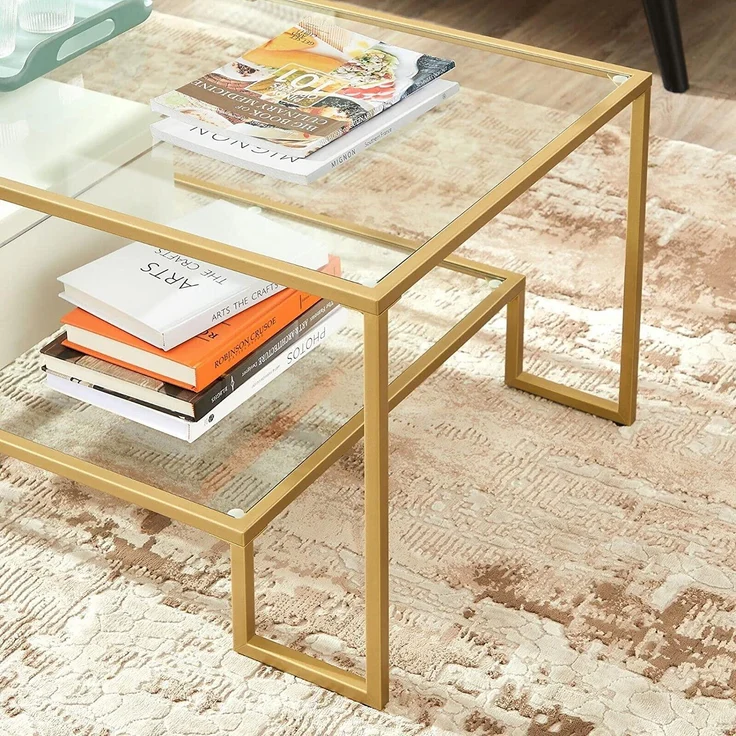 VASAGLE Couchtisch, Glastisch, Wohnzimmertisch, 2 Ablagen aus Hartglas, Stahlgestell, 100 x 55 x 45 cm, Dekoration, für Wohnzimmer, goldfarben – Bild 4