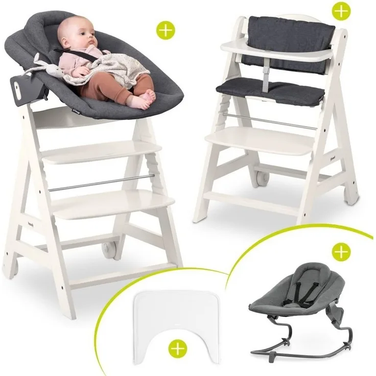 Hauck Hochstuhl Beta Plus White - Newborn Set, Babystuhl ab Geburt inkl. Aufsatz für Neugeborene, Tisch, Sitzauflage