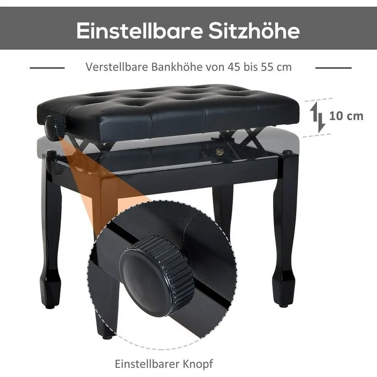 HOMCOM Klavierbank Klavierhocker höhenverstellbar Hocker Üben von Musikinstrumenten (Hocker, 1-St, Kosmetikhocker), Massivholz Kunstleder Schwarz 64x35 x -55 cm45 – Bild 3