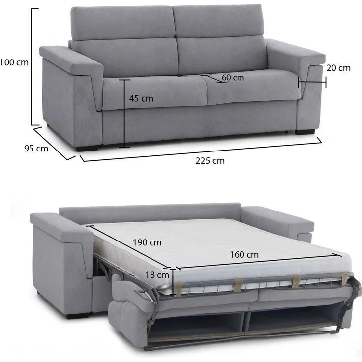 Dmora 3-Sitzer Schlafsofa Benedetto, Schlafsofa fürs Wohnzimmer, gepolstert, abnehmbar, 100 % Made in Italy-Qualität, 225x95 h100 cm, Grau – Bild 3