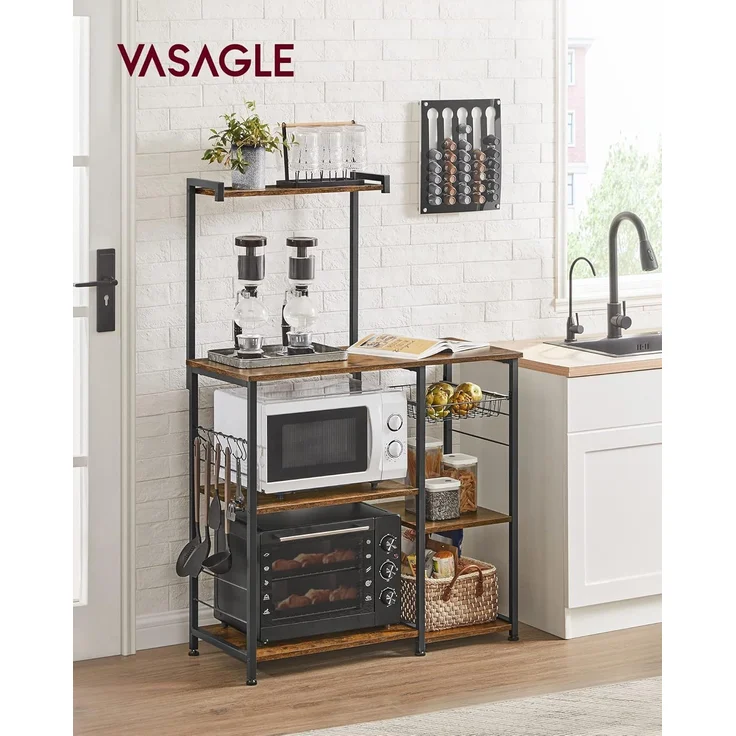Vasagle Küchenregal, Standregal mit Metallkorb, Bäckerregal mit 6 S-Haken und Regalablagen, Mikrowellenregal, Gewürzregal, für Töpfe und Pfannen, Industrie-Design, Vintagebraun-schwarz von Songmics KKS35X – Bild 8