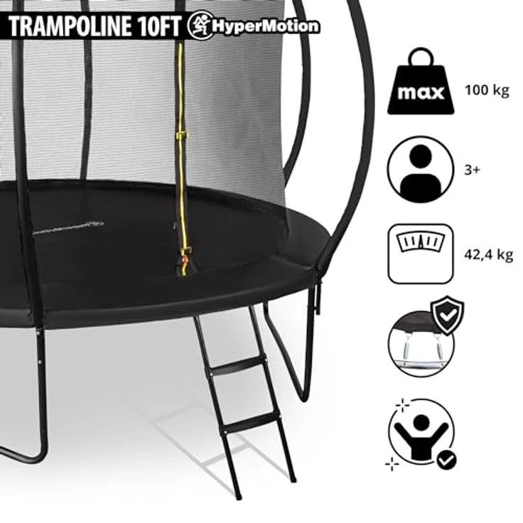 HyperMotion TRAMPOLINE 10FT, Kindertrampolin 305 cm mit Netz und Leiter, schwarz, wetterfest und schnelltrocknend, für Garten und Haus – Bild 4