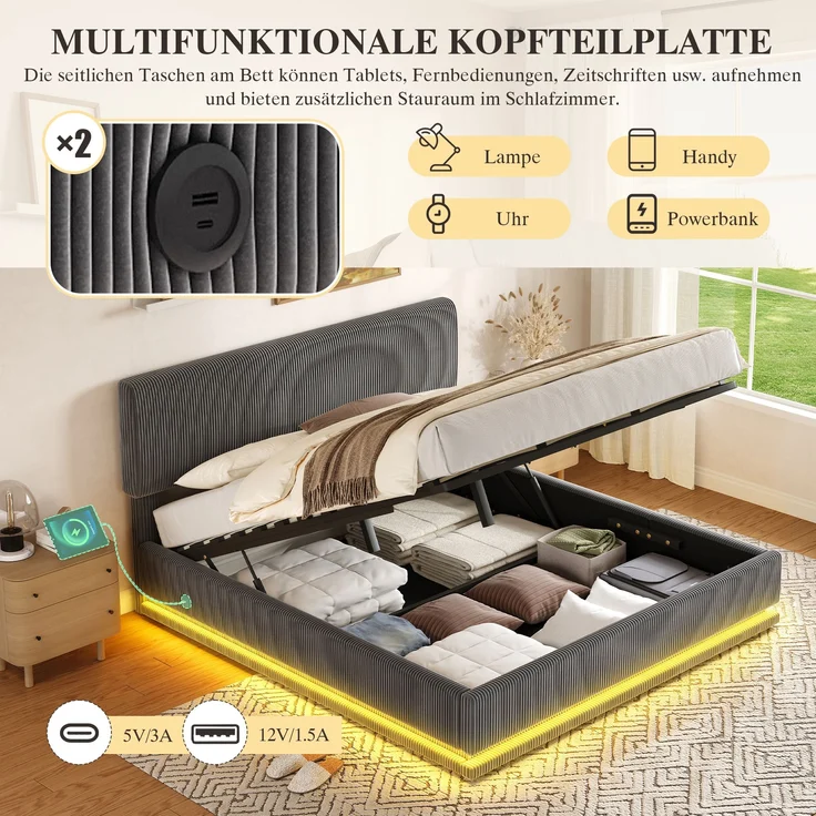 Polsterbett Cord mit LED & USB-Anschluss, 141x207x102-112 cm, Dunkelgrau, ohne Matratze – Bild 4