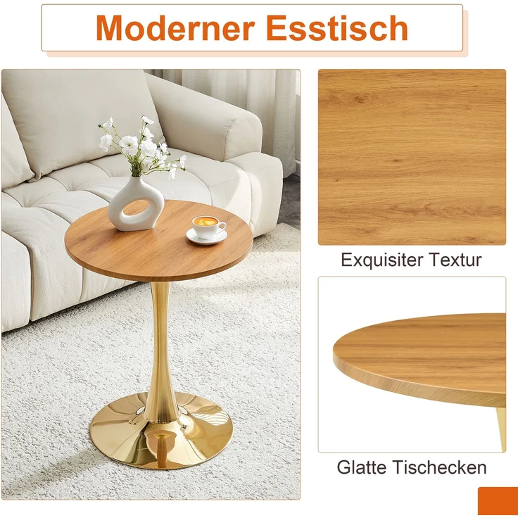 Esstischgruppe H 72 x T 60 x B 60 cm mit 2 Stühlen, MDF-Tischplatte, PU-Leder, goldfarbenes Metallgestell – Bild 9