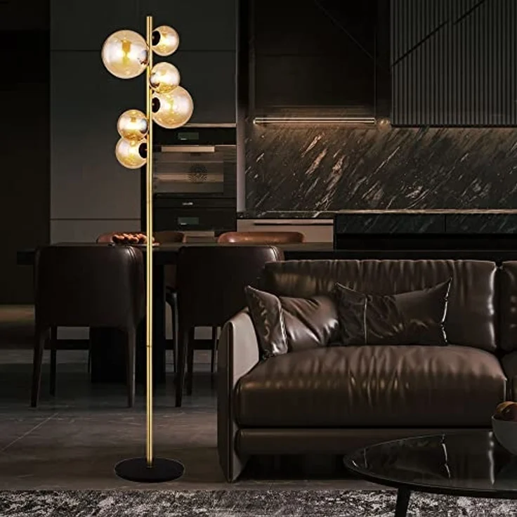 LED Stehleuchte, 6-Flammig, Glas Amber, messing, H 155 cm – Bild 5