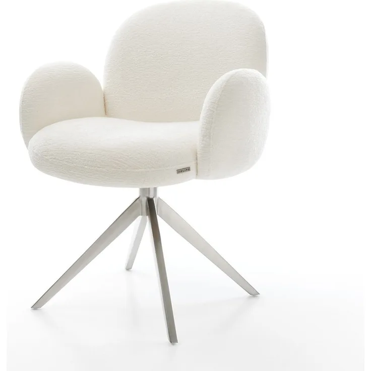 Drehstuhl Nube-Flex mit Armlehnen Bouclé Soft Beige Kreuzgestell breit Edelstahl 360° drehbar Taschenfederkern