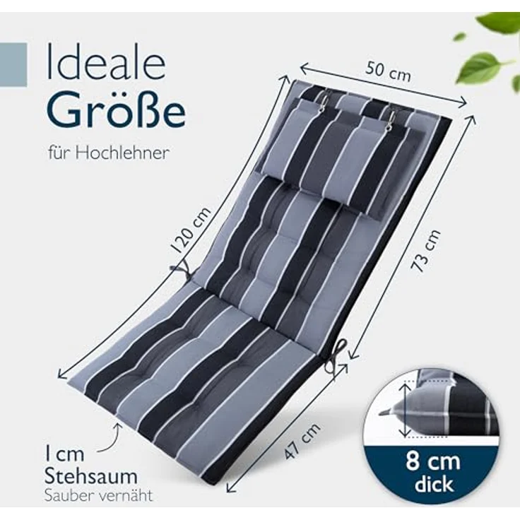 Beautissu Hochlehnerauflage 2er Set Sun-HL, 120x50x8cm, anthrazit-gestreift, mit Kopfpolster, rutschfest & robust, UV 5, Befestigungsbänder – Bild 3