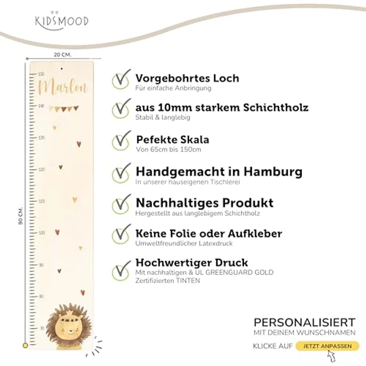 KIDSMOOD - Messlatte für Kinderzimmer Personalisiert, 70-140 cm - Messlatte Kinder Holz personalisiert Mit Namen für Baby- & Kleinkinderzimmer - Individuelles Geschenk für Kinder und Babys zum Geburt – Bild 9
