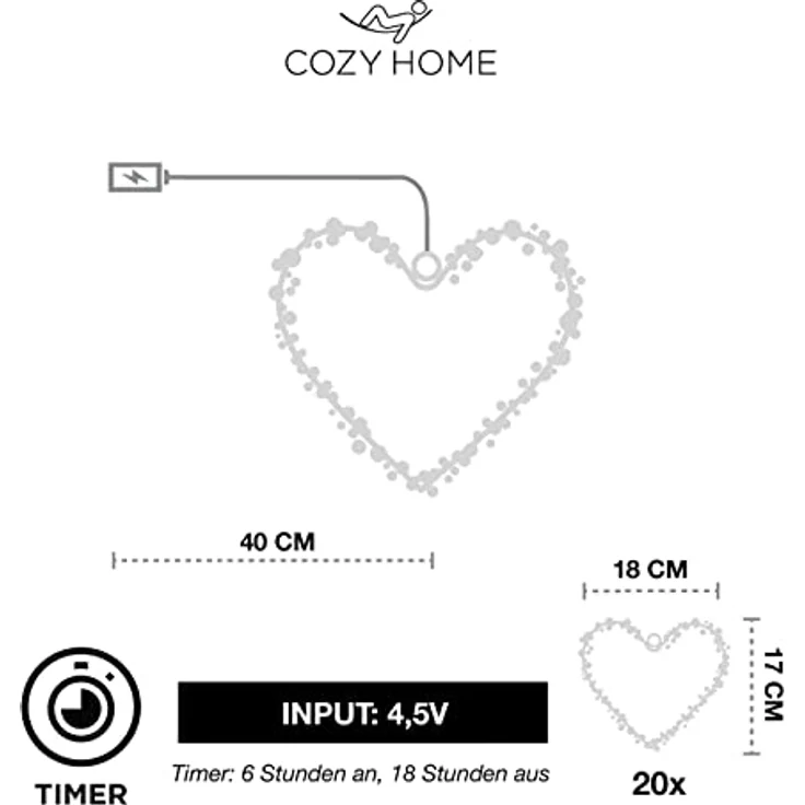 COZY HOME LED-Lichterkette Lichterketten Herz Lichterkranz LED Herz mit Stecker warmweiß Fenster – Bild 4