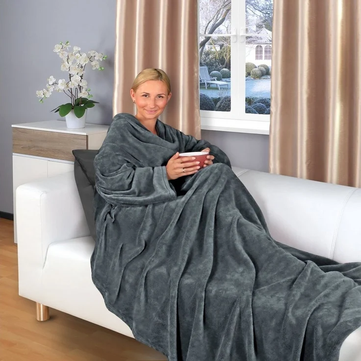 Wohndecke flauschige, tragbare Kuscheldecke mit Ärmeln ohne Fußtasche, Gräfenstayn, warme Ärmeldecke - TV Decke zum Anziehen - 200x150 cm anthrazit – Bild 1