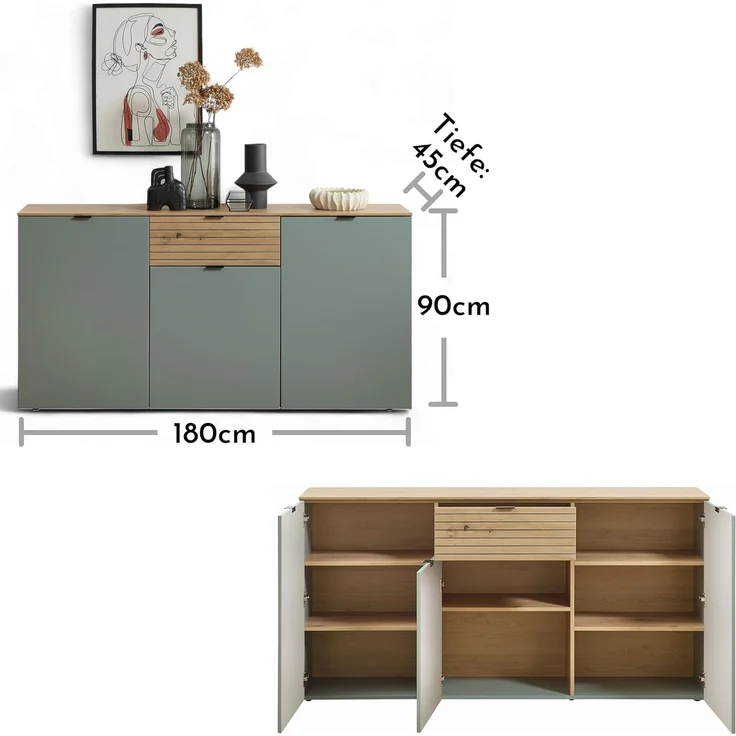 INA Sideboard in Schilfgrün, Artisan Eiche Optik FSC-Zertifiziert - Moderne Kommode mit Schublade und viel Stauraum - 180 x 90 x 45 cm (B/H/T) – Bild 5