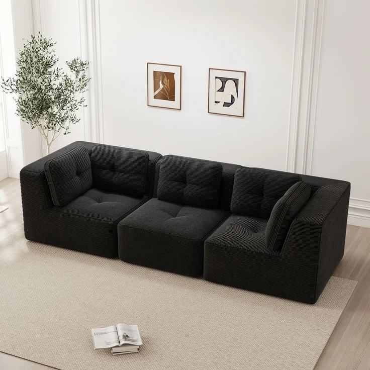 EINHOM Rahmenloses Sektionssofa, modulares Ecksofa, bequemes Cordsofa, Dreisitzer-Sofa mit tiefer Sitzfläche für das Wohnzimmer, kein Aufbau erforderlich, Schwarz – Bild 3