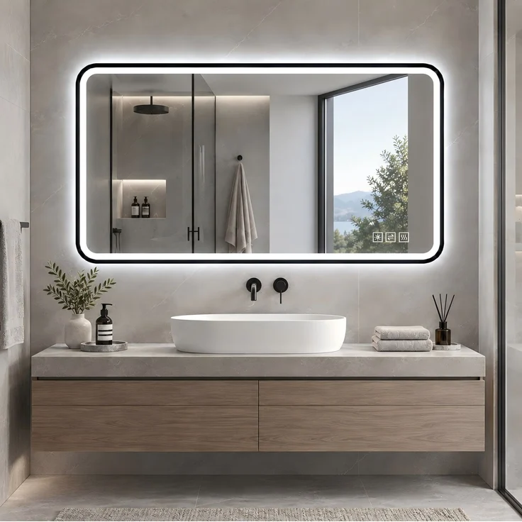 Badezimmerspiegel 100×60×4 cm mit LED-Beleuchtung, Anti-Beschlag-Funktion und schwarzem Aluminiumrahmen – Bild 1