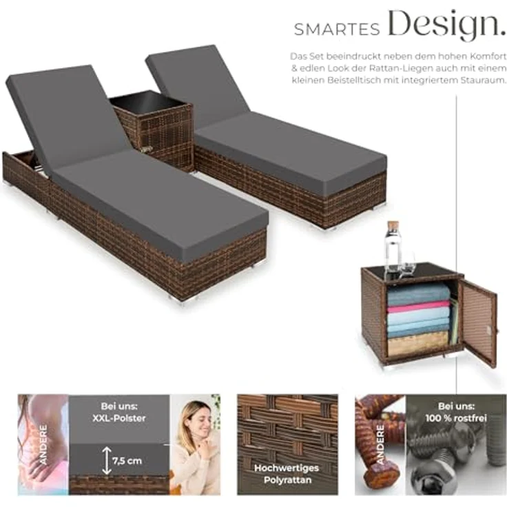 tectake 2er Lounge Sonnenliegen Set Plus Tisch – inkl. 2 Bezugsets und Schutzhülle, Outdoor Poly Rattan Gartenmöbel Set, 2X Gartenliege wetterfest - braun – Bild 4