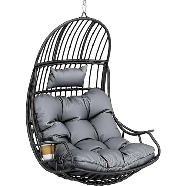 YITAHOME Rattan Hängesessel 150kg, mit Kissen & Getränkehalter, Grau – Bild 8