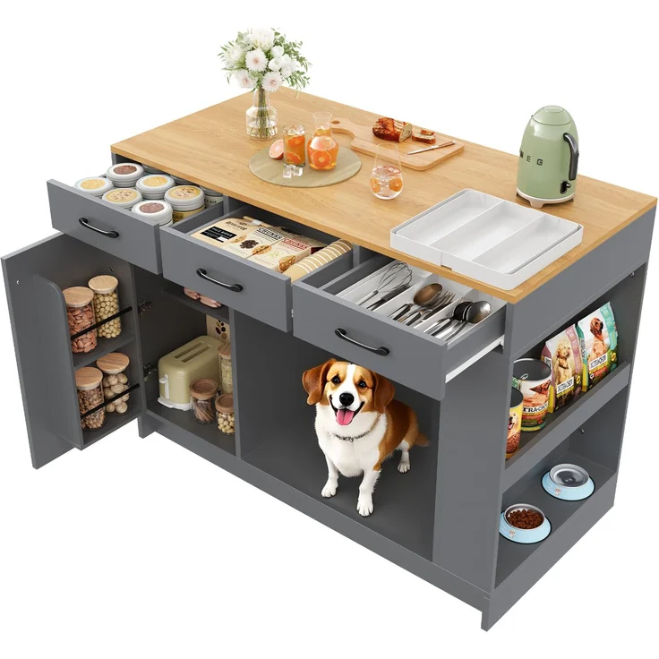 Servierwagen 120 x 60 x 90 cm mit 3 Schubladen, Gewürzablage, verstellbarem Regalboden und Haustierbereich – Bild 6