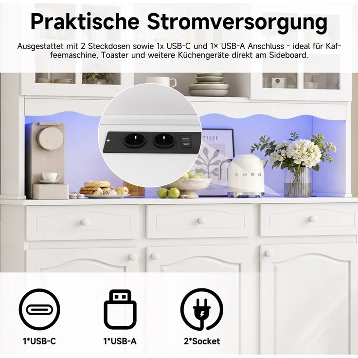 EINHOM Buffetschränke, Esszimmer-Hochschrank 135 x 40 x 185 cm, Mehrstufigem Stauraum, Integrierter Steckdose sowie USB-C- und USB-A-Anschlüssen, Farbiger LED-Streifen, Weiß – Bild 6
