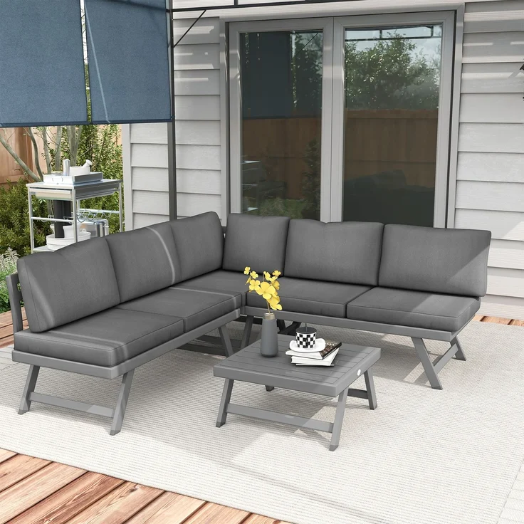 Wohnora-Garten-Ecklounge-Set mit ausziehbarem Sofa, 4-teilig bestehend aus 2 Bänken, 1 Ecksessel und 1 Couchtisch,H 65cm x T 115cm x B 61cm,Grau – Bild 4