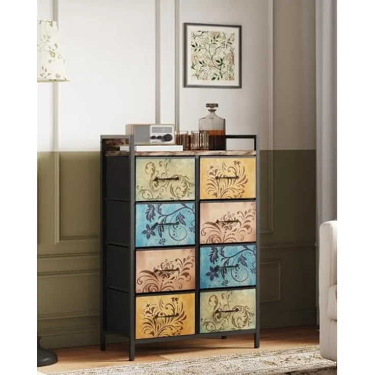 Mondeer Kommode mit 8 Schubladen, Schubladenschrank aus Vintage-Blumenmotiv Stoff Metallrahmen Rustikales, für Wohnzimmer Schlafzimmer Flur, 66.5 x 30 x 105.5 cm, Vintagebraun – Bild 3