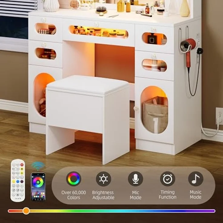 YITAHOME Große Schminktisch mit Beleuchtung und Hocker, Schminktisch mit Schubladen LED-Beleuchtung und Steckdosen, RGB Schminktisch mit Spiegel 4 offenen Ablagen, Kosmetiktisch Frisiertisch, Weiß – Bild 6