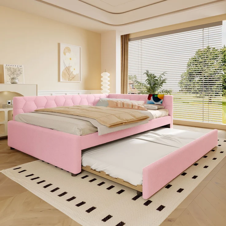 Daybett, 140*200cm Tagesbett, Schlafsofa, Bett mit Lattenrost (ohne Matratze), mit Nachttischlampe, mit multifunktionalem Ausziehbett, USB-Anschluss, Typ-C, Komfortmaterial, Vliesimitat, Rosa – Bild 1